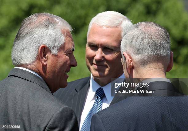 Secretary of State Rex Tillerson , Vice President Mike Pence , and Secretary of Defense James Mattis attend a joint statement by U.S. President...