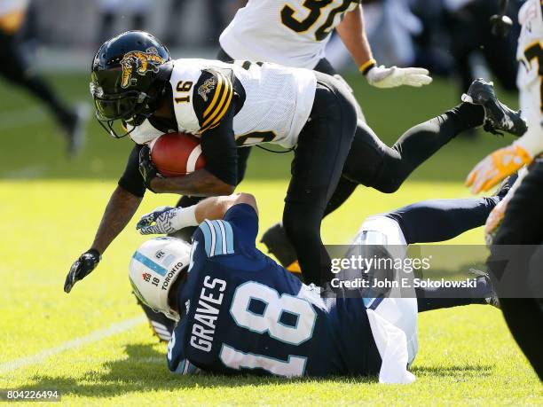 Brandon Banks of the Hamilton Tiger-Cats runs over Kyle Graves of the Toronto Argonauts during a CFL game at BMO Field on June 25, 2017 in Toronto,...
