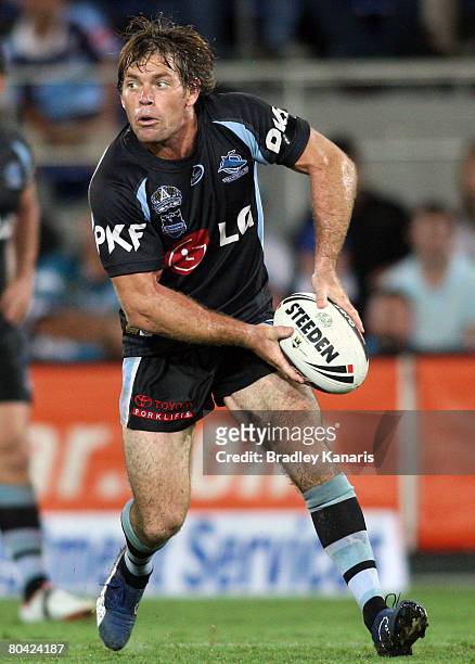 Brett Kimmorley of the Sharks looks to pass during the round three NRL match between the Gold Coast Titans and the Cronulla Sharks at Skilled Stadium...