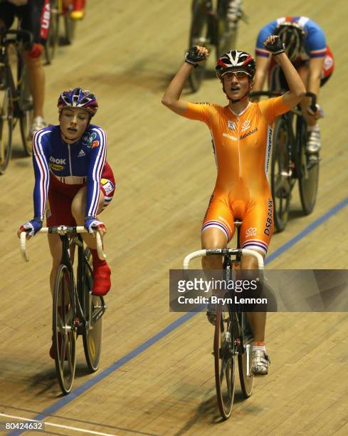 Marianne Vos of The Netherlands celebrates victory in the Women's Points Race Final during the UCI Track Cycling World Championships at the...