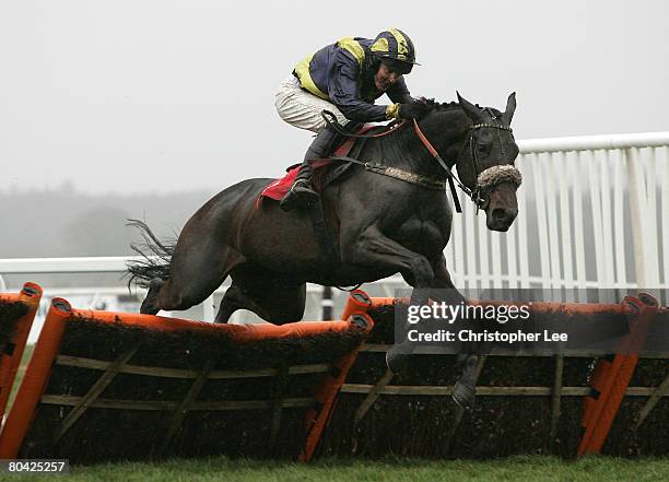 Aidan Coleman riding Jaunty Flight wins The European Breeders Fund Byrne Bros Mares Only National Hunt Novices Hurdle Race Final at Newbury...