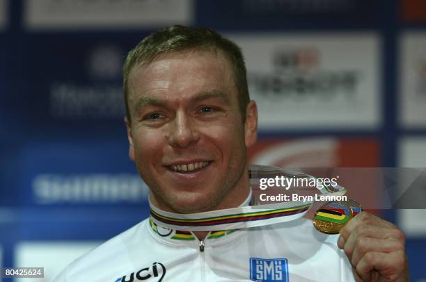 Chris Hoy of Great Britain poses with the Gold medal following his victory in the Men's Keirin Final during the UCI Track Cycling World Championships...