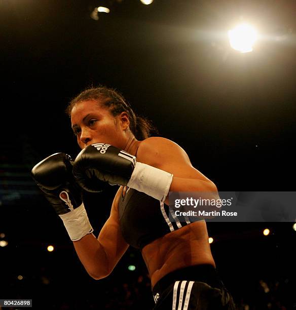 Cecilia Braekhus of Norway in action during Welterweight fight between Cecilia Braekhus and Tatjana Dieckmann at the Kieler Ostsee Halle on March 29,...
