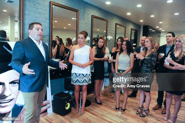 Aaron Steed addresses the crowd at A Night Out, a fundraising event benefiting #MoveToEndDV hosted by Beverly Hills plastic surgeon Dr. Marc Mani at...