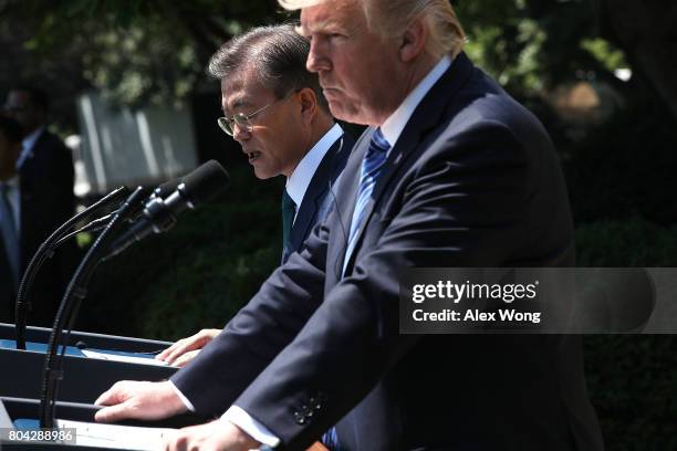 President Donald Trump and South Korean President Moon Jae-in deliver joint statements in the Rose Garden of the White House on June 30, 2017 in...