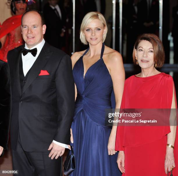 Prince Albert II of Monaco, Charlene Wittstock and Baroness Elizabeth-Ann de Massy arrive at the 2008 Monte Carlo Rose Ball 'Movida' held at The...