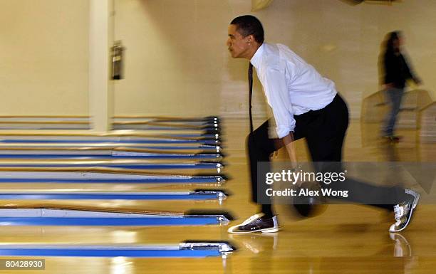 Democratic U.S. Presidential hopeful Sen. Barack Obama bowls at Pleasant Valley Bowling Center March 29, 2008 in Altoona, Pennsylvania. Obama is on...