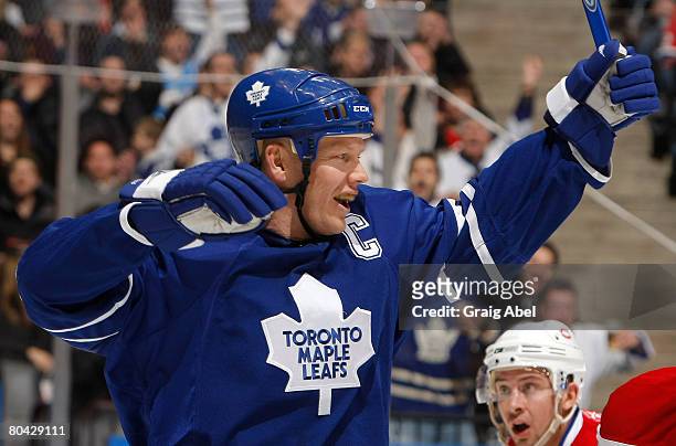 Mats Sundin of the Toronto Maple Leafs celebrates a second period goal against the Montreal Canadiens March 29, 2008 at the Air Canada Centre in...