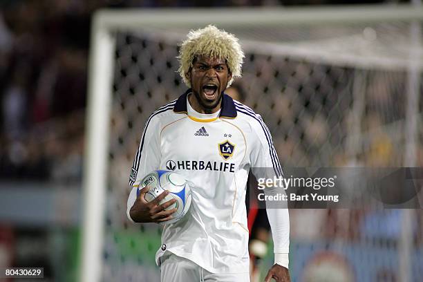 Abel Xavier of the Los Angeles Galaxy reacts to a call and was later given a red card and ejected against the Colorado Rapids on March 29, 2008 at...