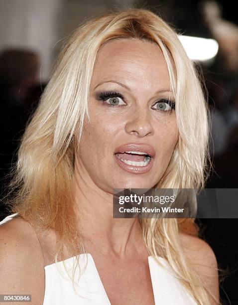 Actress Pamela Anderson arrives at the premiere of Dimension Film's "Superhero Movie" at the Mann Festival Westwood on March 27, 2008 in Los Angeles,...