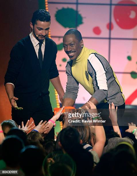 Actor Shia LaBeouf presents the Favorite Voice from an Animated Movie award to Eddie Murphy for Donkey in "Shrek the Third" during Nickelodeon's 2008...