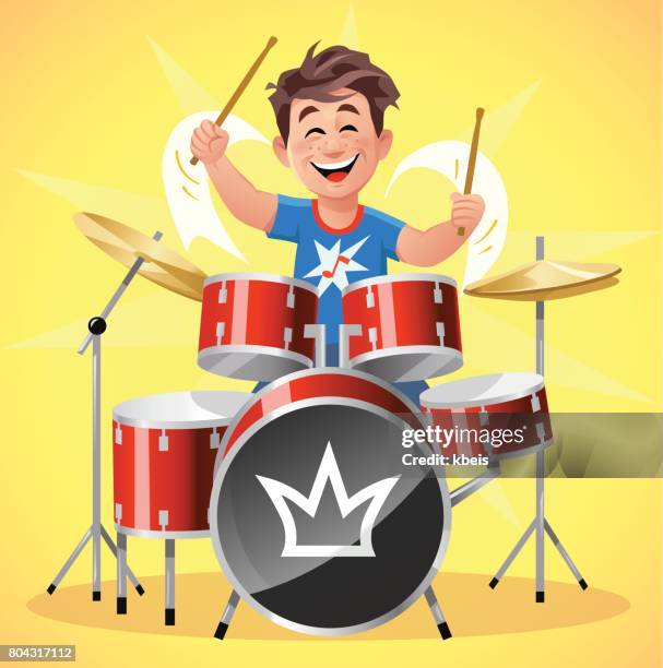 little drummer boy - drum kit stock illustrations