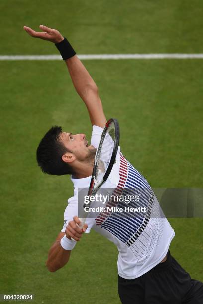 Novak Djokovic of Serbia in action during his victory over Daniil Medvedev of Russia on Day 6 of the Aegon International Eastbourne tournament at...