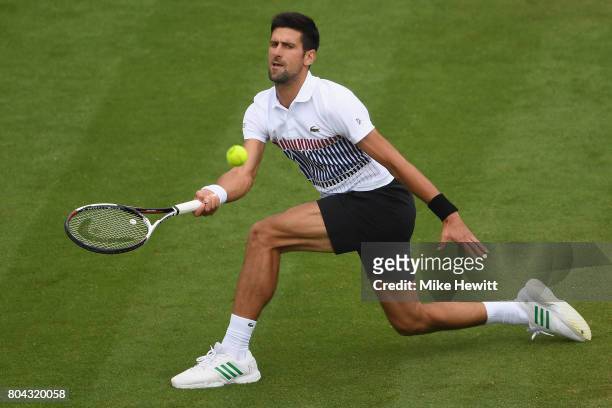 Novak Djokovic of Serbia in action during his victory over Daniil Medvedev of Russia on Day 6 of the Aegon International Eastbourne tournament at...