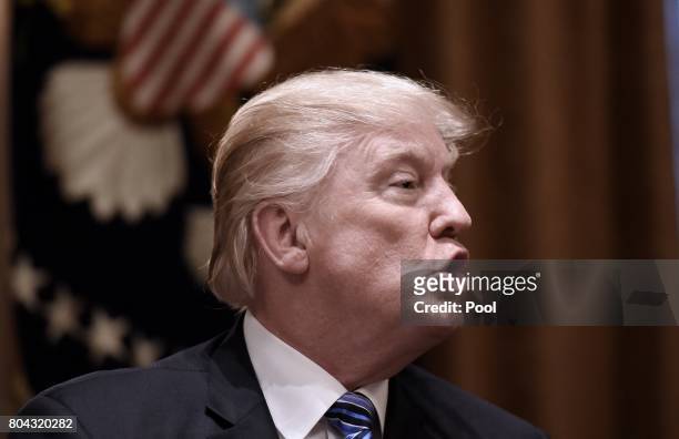 President Donald Trump speaks during a meeting with South Korean President Moon Jae-in in the Cabinet Room of the White House on June 30, 2017 in...