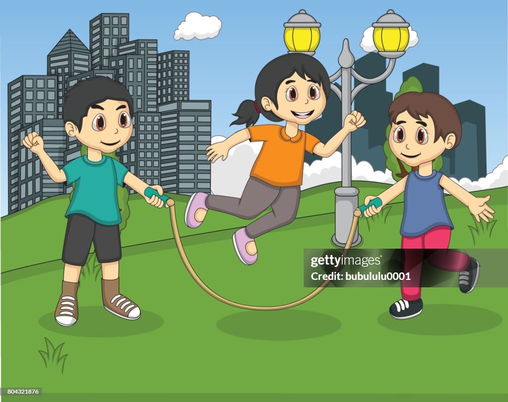 Niños Jugando A Saltar A La Cuerda En La Historieta Del Parque Ilustración  de stock - Getty Images
