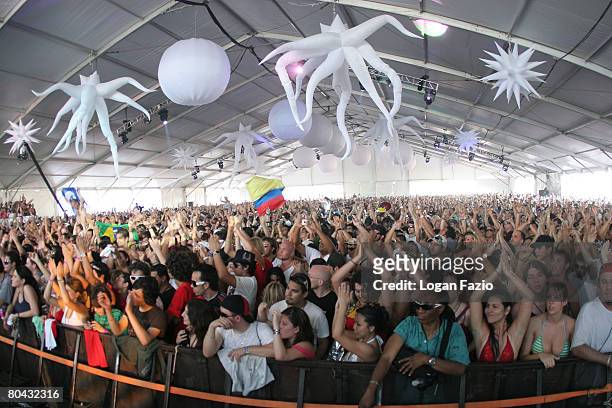 Crowd during Moby's performance at the Ultra Music Festival at Bayfront Park on March 29, 2008 in Miami, Florida.
