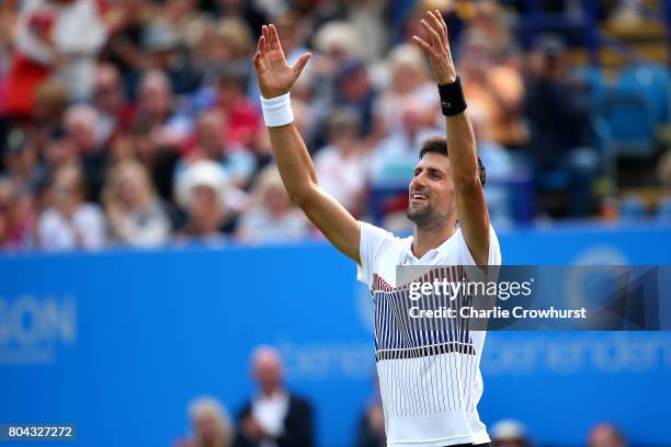 Novak Djokovic of Serbia celebrates winning his mens semi final match against Daniel Medvedev of Russia on day 6 of the Aegon International...