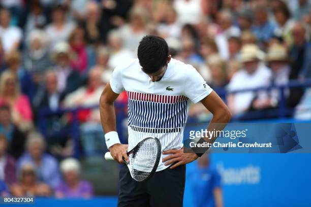Novak Djokovic of Serbia looks dejected during his mens semi final match against Daniel Medvedev of Russia on day 6 of the Aegon International...