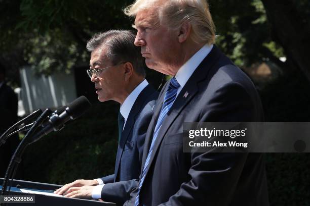 President Donald Trump and South Korean President Moon Jae-in deliver joint statements in the Rose Garden of the White House on June 30, 2017 in...