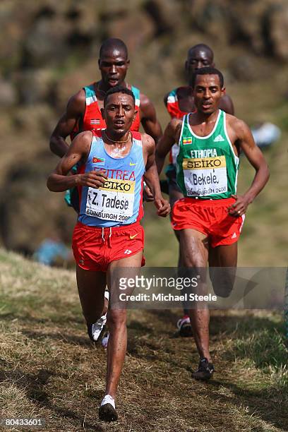 Zersenay Tadese of Eritrea leads from eventual winner Kenenisa Bekele of Ethiopia in the men's elite race, during the 36th IAAF World Cross Country...
