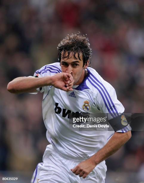 Raul Gonzalez of Real Madrid celebrates after he scored Real's second goal during the La Liga match between Real Madrid and Sevilla at the Santiago...