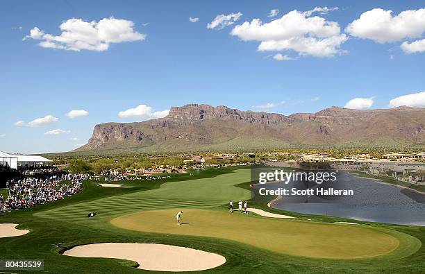 General view of the play at the 18th green during the final round of the Safeway International at Superstition Mountain Golf and Country Club March...