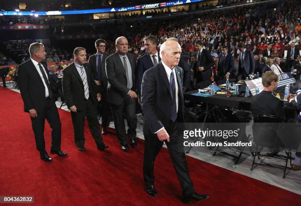 General manager Lou Lamoriello of the Toronto Maple Leafs walks to the stage during Round One of the 2017 NHL Draft at United Center on June 23, 2017...