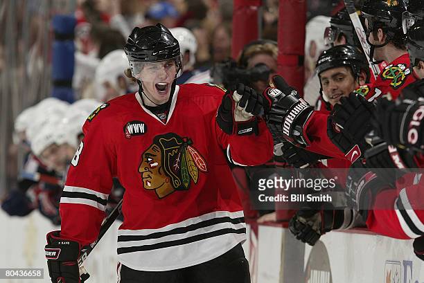 Patrick Kane of the Chicago Blackhawks celebrates after scoring a goal during a shootout against the Columbus Blue Jackets on March 30, 2008 at the...