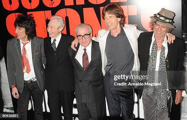 Musicians Ronnie Wood, Charlie Watts, Director Martin Scorsese, musicians Mick Jagger and Keith Richards of the Rolling Stones arrive at the premiere...