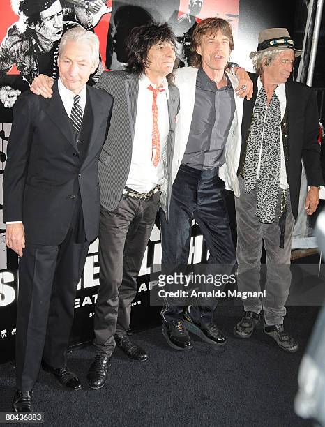Musicians Charlie Watts, Ronnie Wood, Mick Jagger and Keith Richards of the Rolling Stones arrive at the premiere of 'Shine A Light' at the Ziegfeld...