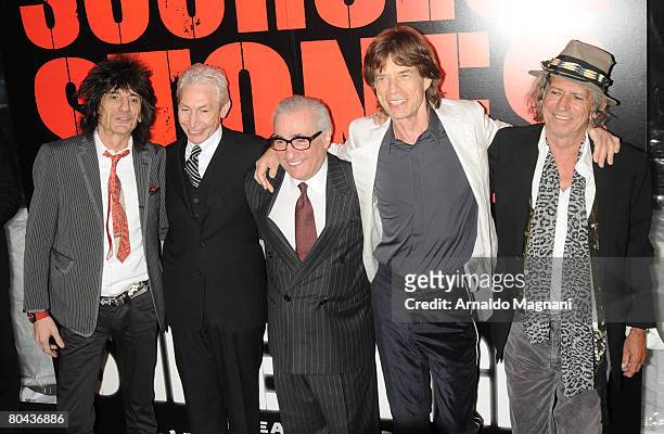 Musicians Ronnie Wood, Charlie Watts, Director Martin Scorsese, musicians Mick Jagger and Keith Richards of the Rolling Stones arrive at the premiere...
