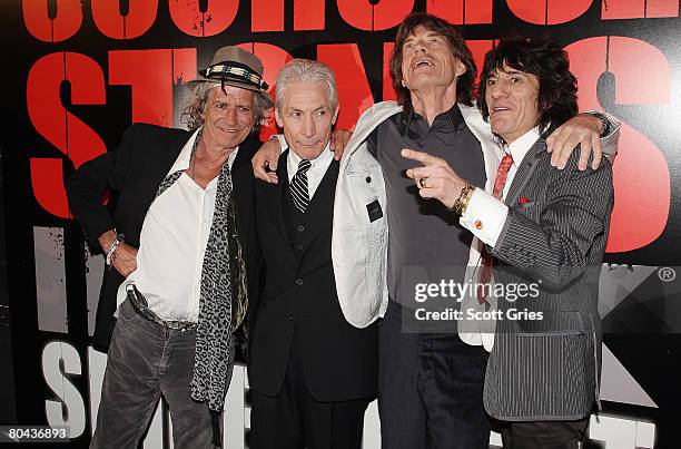 Musicians Keith Richards, Charlie Watts, Mick Jagger and Ronnie Wood of the Rolling Stones arrive at the premiere of 'Shine A Light' at the Ziegfeld...
