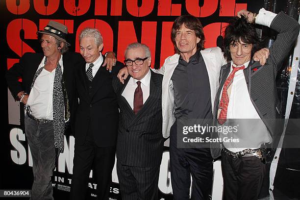 Musicians Keith Richards, Charlie Watts, director Martin Scorsese, Mick Jagger and Ronnie Wood of the Rolling Stones arrive at the premiere of 'Shine...