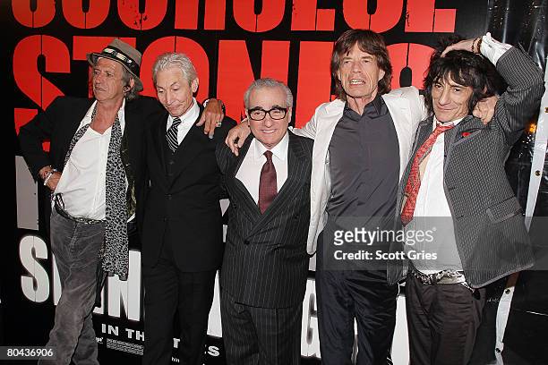 Musicians Keith Richards, Charlie Watts, director Martin Scorsese, Mick Jagger and Ronnie Wood of the Rolling Stones arrive at the premiere of 'Shine...