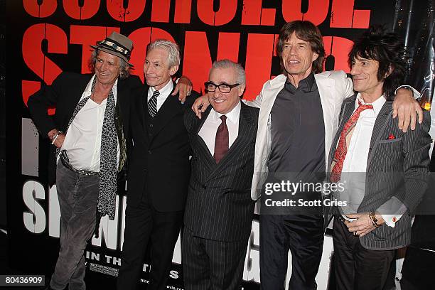 Musicians Keith Richards, Charlie Watts, director Martin Scorsese, Mick Jagger and Ronnie Wood of the Rolling Stones arrive at the premiere of 'Shine...