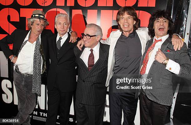Musicians Keith Richards, Charlie Watts, director Martin Scorsese, Mick Jagger and Ronnie Wood of the Rolling Stones arrive at the premiere of 'Shine...