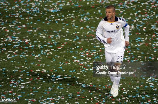 David Beckham of the Los Angeles Galaxy in action against the Colorado Rapids at Dick's Sporting Goods Park on March 29, 2008 in Commerce City,...