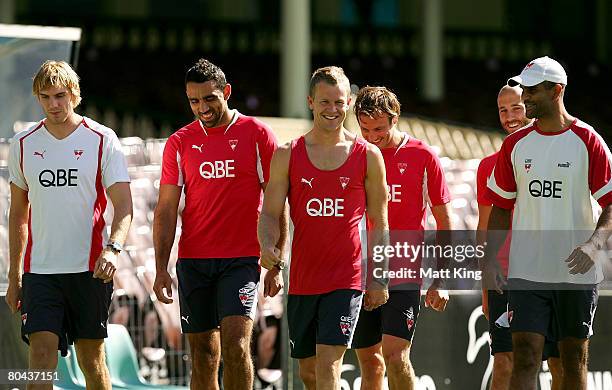 Swans players share a joke during a Sydney Swans AFL recovery session held at the Sydney Cricket Ground on March 31, 2008 in Sydney, Australia.