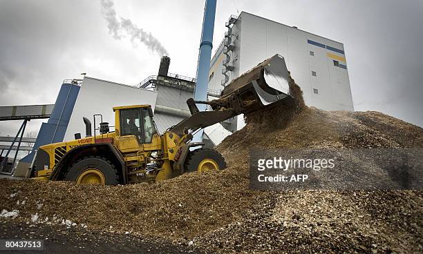Bulldozer collects wood at the electricity power plant in Vaxjo's, south of Sweden, on March 18, 2008. The plant runs on biomass, using woodchip and...