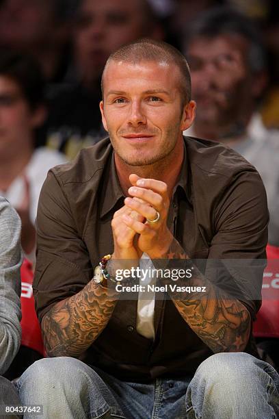 David Beckham attends the Los Angeles Lakers vs Washington Wizards game at the Staples Center on March 30, 2008 in Los Angeles, California.