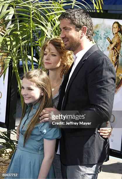 Actresses Jodie Foster, Abigail Breslin and actor Gerard Butler arrive at the Premiere of Fox Walden Film's "Nim's Island" on March 30, 2008 at the...