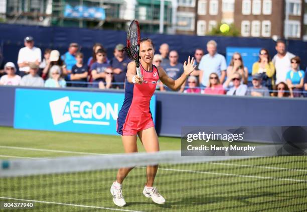 Viktorija Golubic of Switzerland in action during the Aegon Southsea Trophy final match between Shuko Aoyama of Japan and Zhaoxuan Yang of China and...