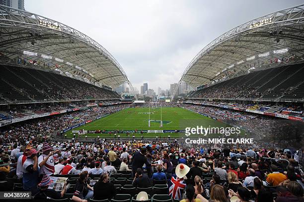 Fans fill up the stadium at the Hong Kong Rugby Sevens tournament on March 28, 2008. The Hong Kong tournament is the fifth leg of the world series...