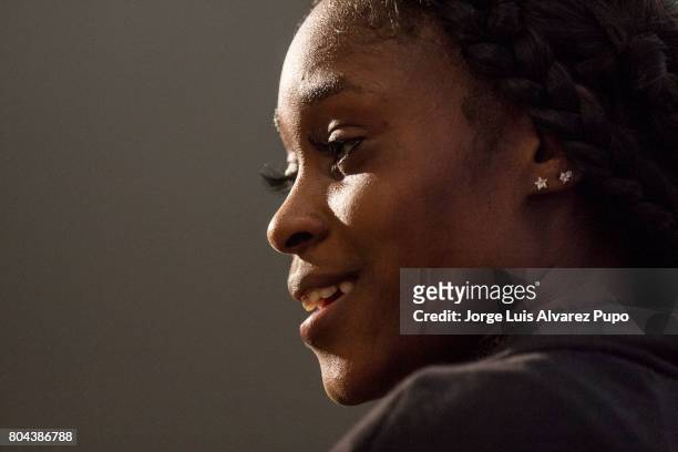 Jamaican track and field sprinter Elaine Thompson speaks during the Meeting of Paris press conference of the IAAF Diamond League 2017 at Mercure...