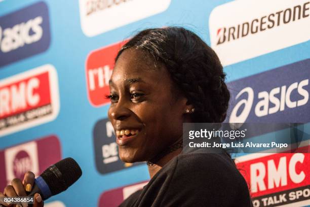 Jamaican track and field sprinter Elaine Thompson speaks during the Meeting of Paris press conference of the IAAF Diamond League 2017 at Mercure...