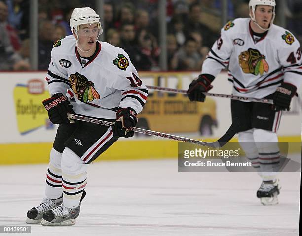 Jonathan Toews of the Chicago Blackhawks skates against the Columbus Blue Jackets on March 26, 2008 at the Nationwide Arena in Columbus, Ohio. The...