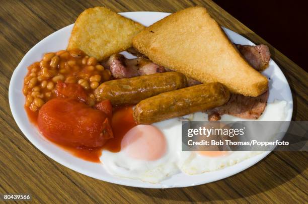Full English breakfast served at a cafe in the English seaside resort of Blackpool, 28th August 2007.