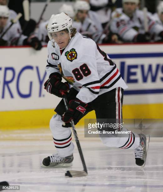 Patrick Kane of the Chicago Blackhawks skates against the Columbus Blue Jackets on March 26, 2008 at the Nationwide Arena in Columbus, Ohio. The Blue...