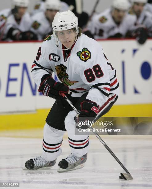 Patrick Kane of the Chicago Blackhawks skates against the Columbus Blue Jackets on March 26, 2008 at the Nationwide Arena in Columbus, Ohio. The Blue...